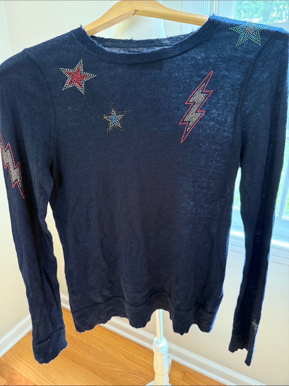 ZADIG & VOLTAIRE Navy Blue Cashmere Sweater w/Jeweled Stars & Lightening Bolts